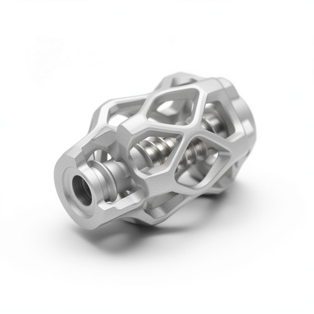 Precision 3D-printed medical mechanical part on a clean white background